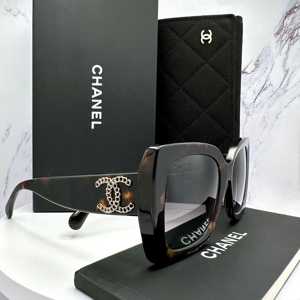New CHANEL Sunglasses Brown Acetate Tortoise Square Gold Metal Chain CC - Picture 5 of 16